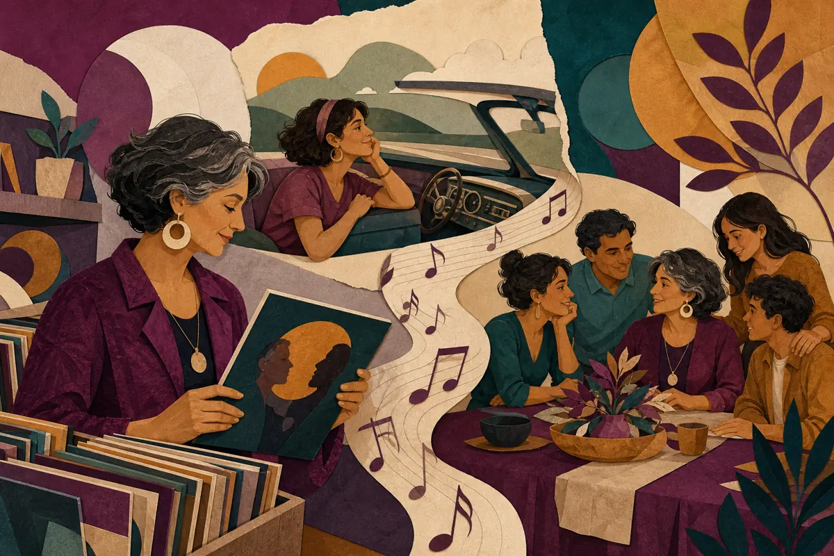 Gouache illustration of a song played on an old car radio, a career turning point, a family table tradition inspiring a handmade a style the recipient chose across different eras s