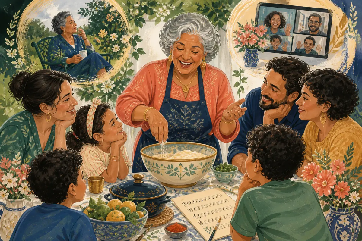 Gouache illustration of a recipe still made by feel, the same garden chair, a weekly call inspiring a handmade a favorite style with clear vocals and familiar musical cues song for