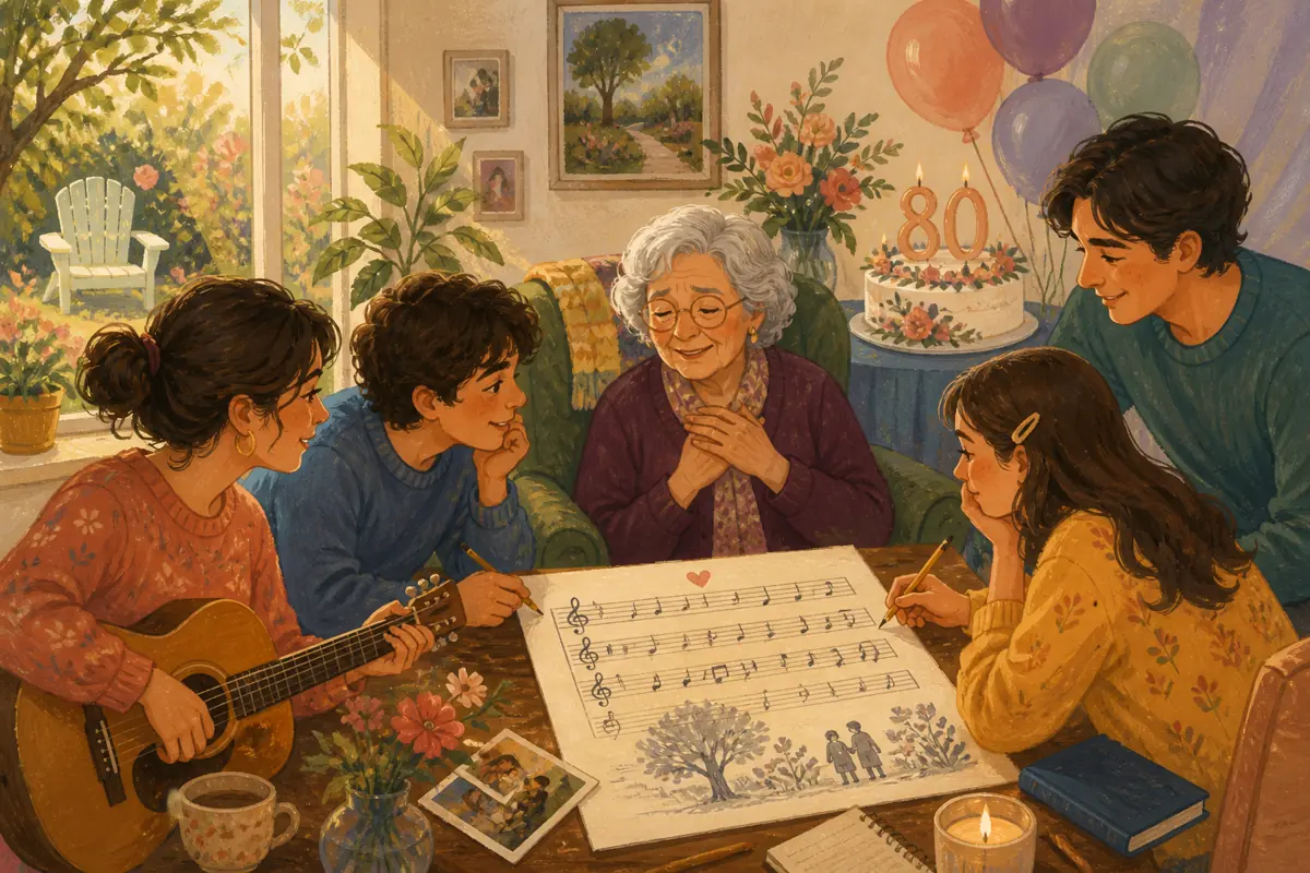 Gouache illustration of a weekly call, a recipe still made by feel, a garden chair inspiring a handmade a familiar style with clear vocals song for the person turning 80.