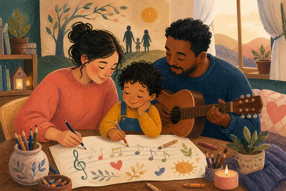 Gouache illustration of a family-made welcome ritual, a first comfortable routine, a shared book inspiring a handmade a style approved by the family song for the adopted child and
