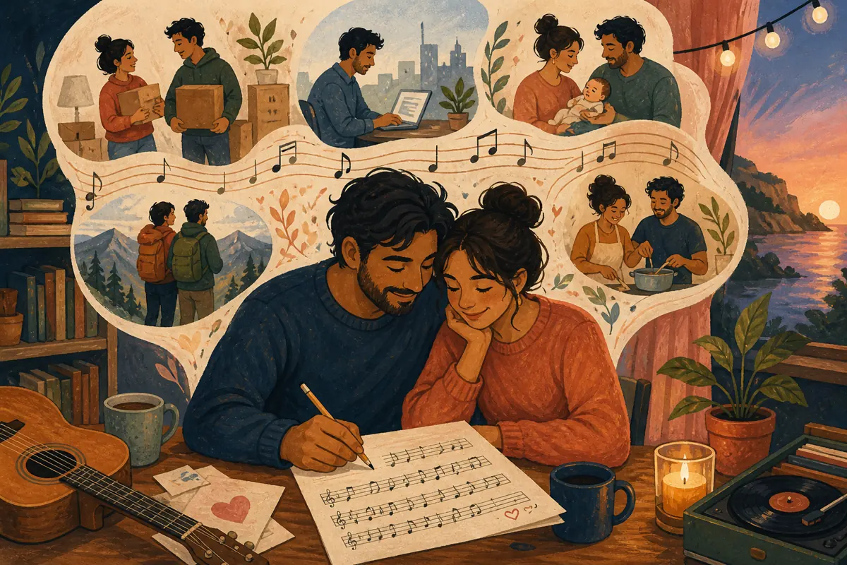 Gouache illustration of moving homes, changing work, becoming caregivers, rebuilding a routine inspiring a handmade a style both of you can enjoy song for your partner.