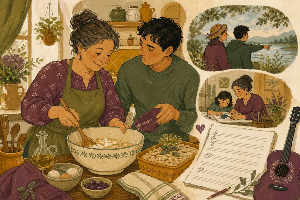 Gouache illustration of a yearly recipe, the seat beside her at a family gathering, a practical phone call inspiring a handmade a style connected to a family tradition song for you