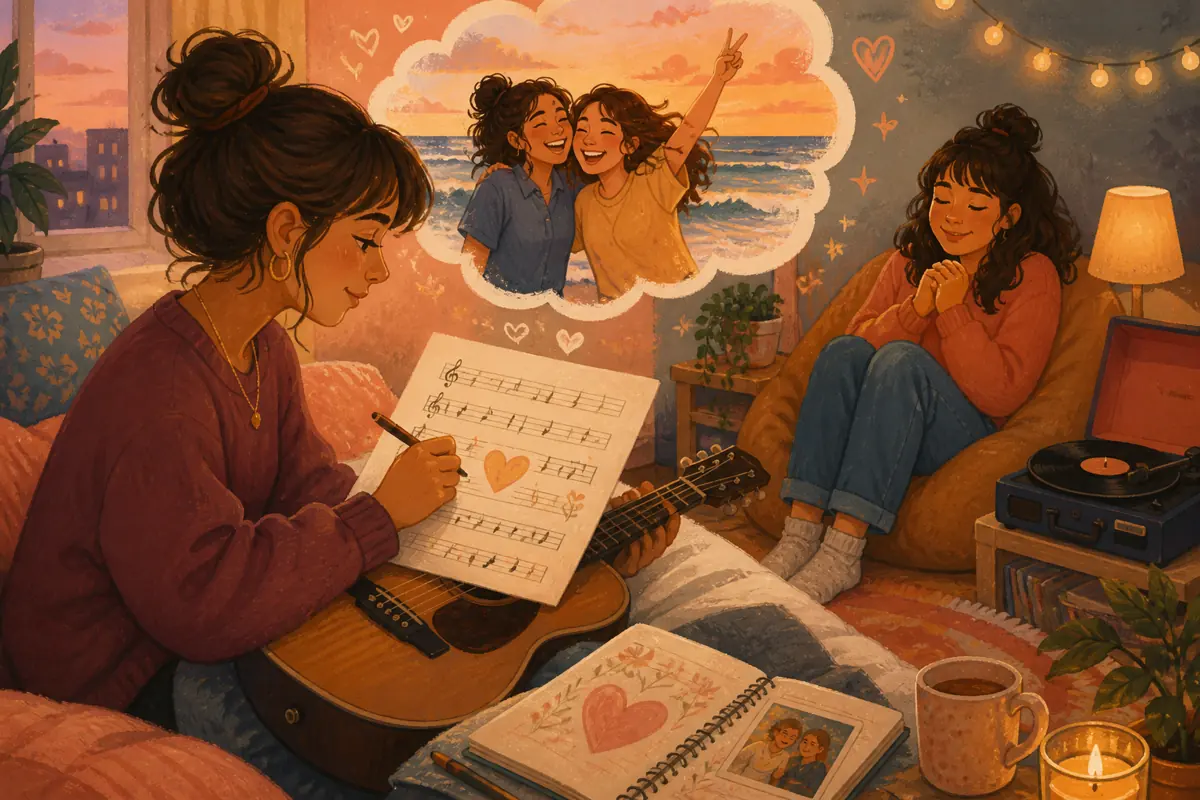 Gouache illustration of a specific shared memory being shaped into “How to Make a Custom Song for Your Best Friend,” with musical motifs and a handmade gift.