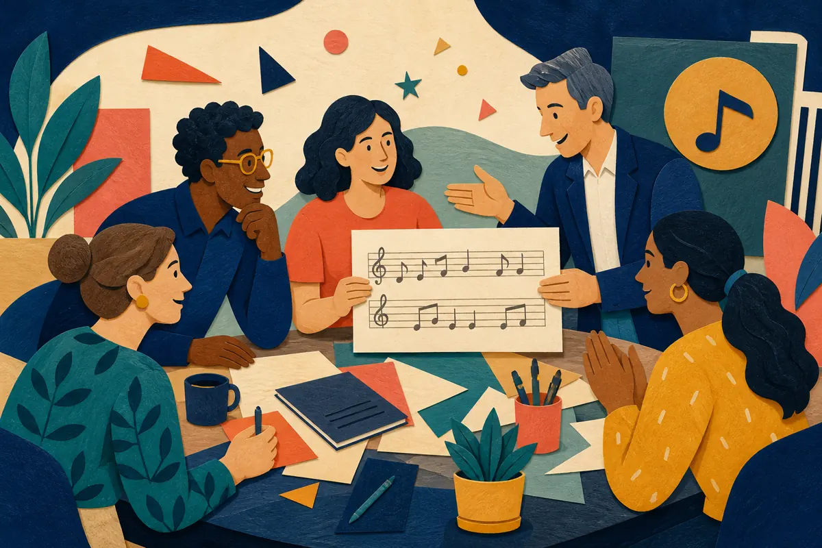 Gouache illustration of a calm project kickoff, a repeated meeting phrase, support during a deadline inspiring a handmade a professional, broadly accessible style song for your bos