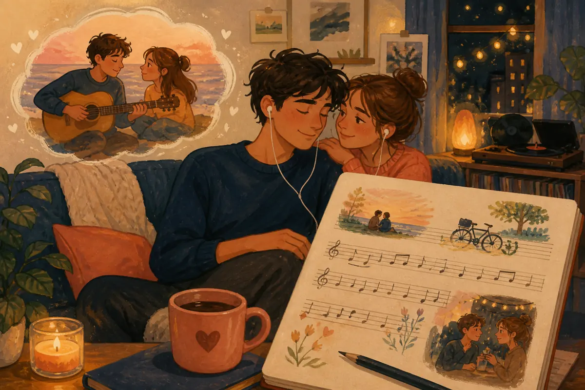 Gouache illustration of a specific shared memory being shaped into “A Custom Song for Your Boyfriend That Feels Real,” with musical motifs and a handmade gift.