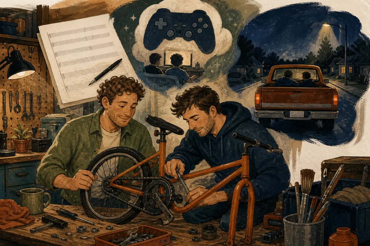 Gouache illustration of a garage project, a regular game, a late-night pickup inspiring a handmade a style he already plays by choice song for your brother.