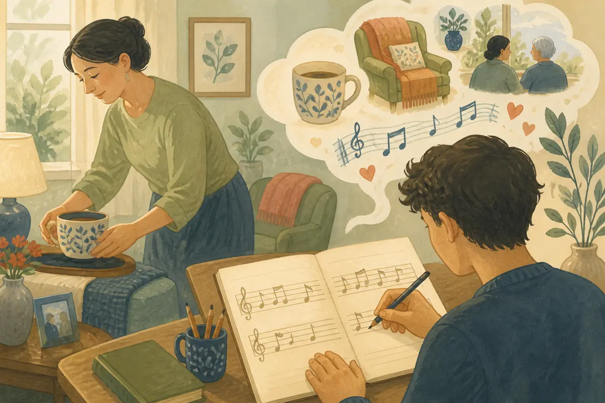 Gouache illustration of remembering a preferred routine, making a difficult appointment less confusing, preparing a comfortable room inspiring a handmade a calm style that leaves r