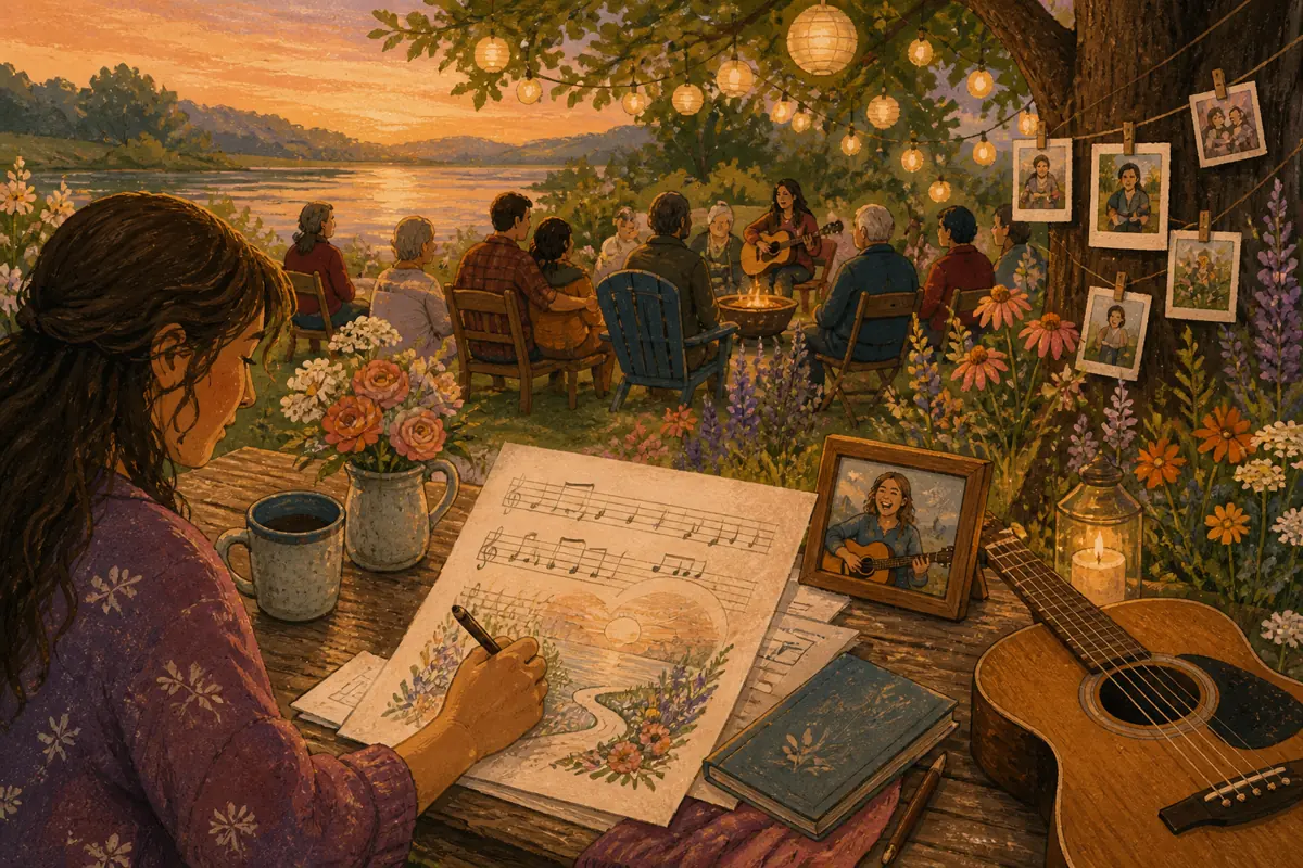 Gouache illustration of setting out extra chairs, telling the same road-trip story, tending a bright garden inspiring a handmade a style connected to the person’s own listening son