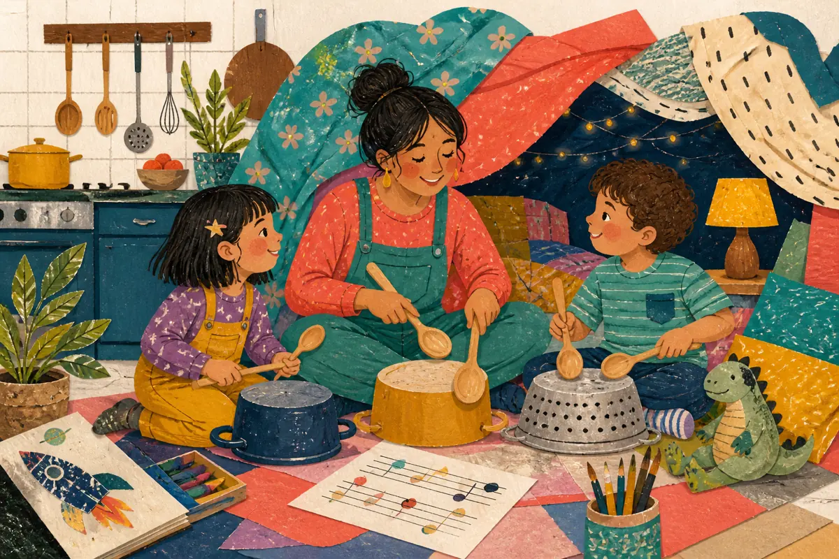 Gouache illustration of a kitchen dance, a school-morning routine, a shared blanket fort inspiring a handmade a bright, age-appropriate style song for your child or children.
