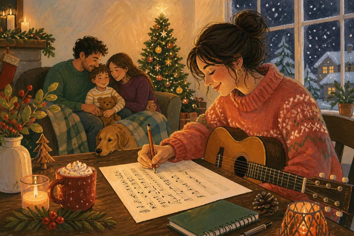 Gouache illustration of untangling lights, a specific kitchen task, the late drive home inspiring a handmade a seasonal style that fits the recipient’s traditions song for the inte