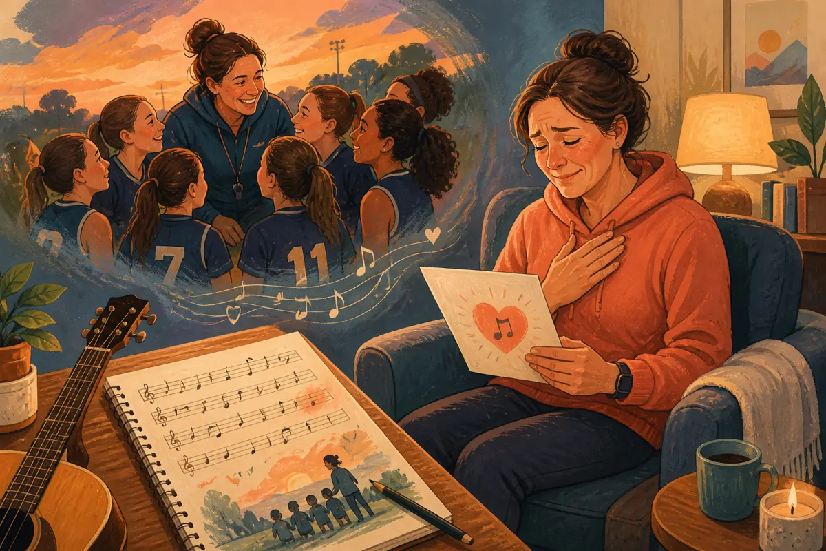 Gouache illustration of a specific shared memory being shaped into “How to Make a Meaningful Custom Song for a Coach,” with musical motifs and a handmade gift.