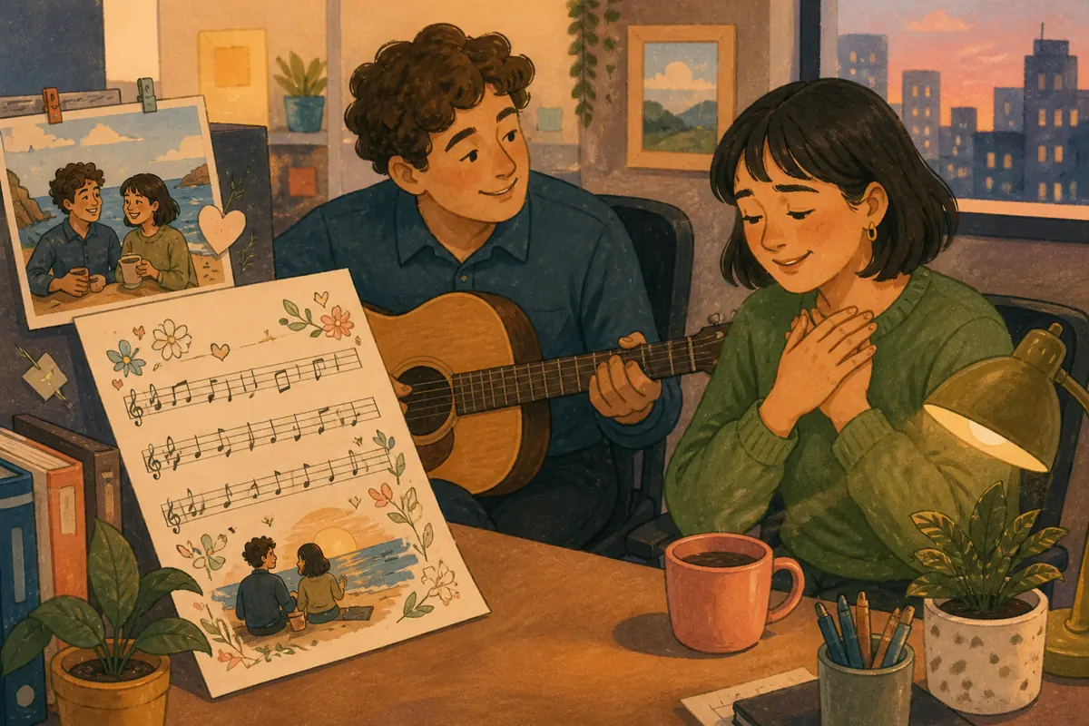 Gouache illustration of a specific shared memory being shaped into “How to Make a Tasteful Custom Song for a Coworker,” with musical motifs and a handmade gift.