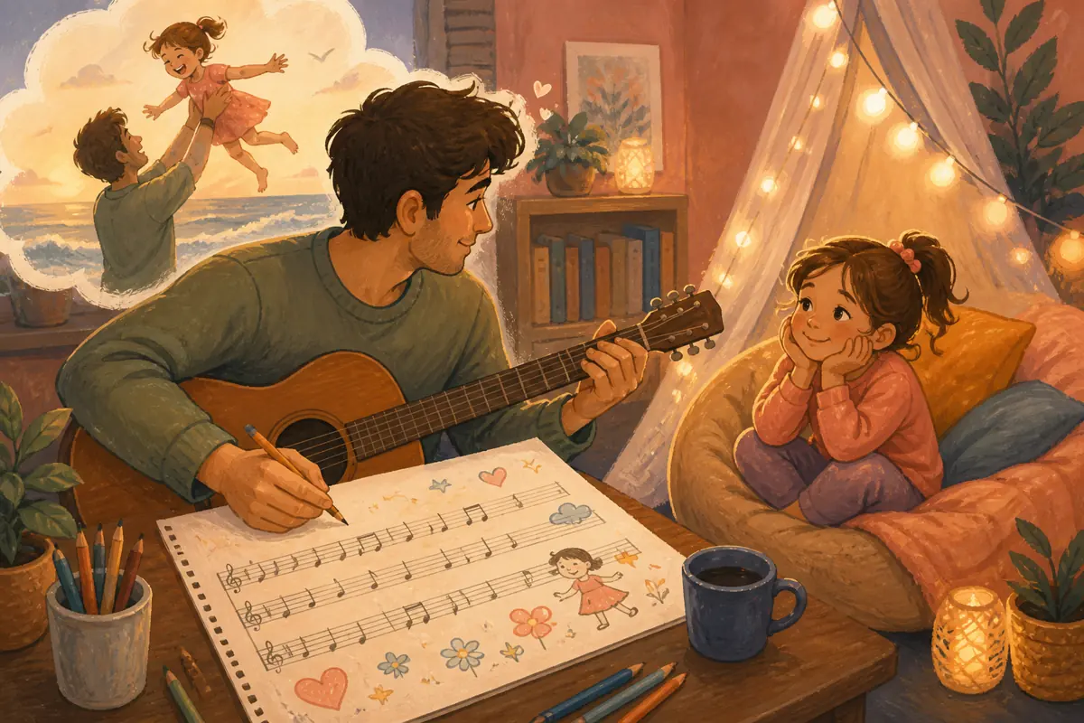Gouache illustration of a specific shared memory being shaped into “How to Make a Custom Song for Your Daughter,” with musical motifs and a handmade gift.
