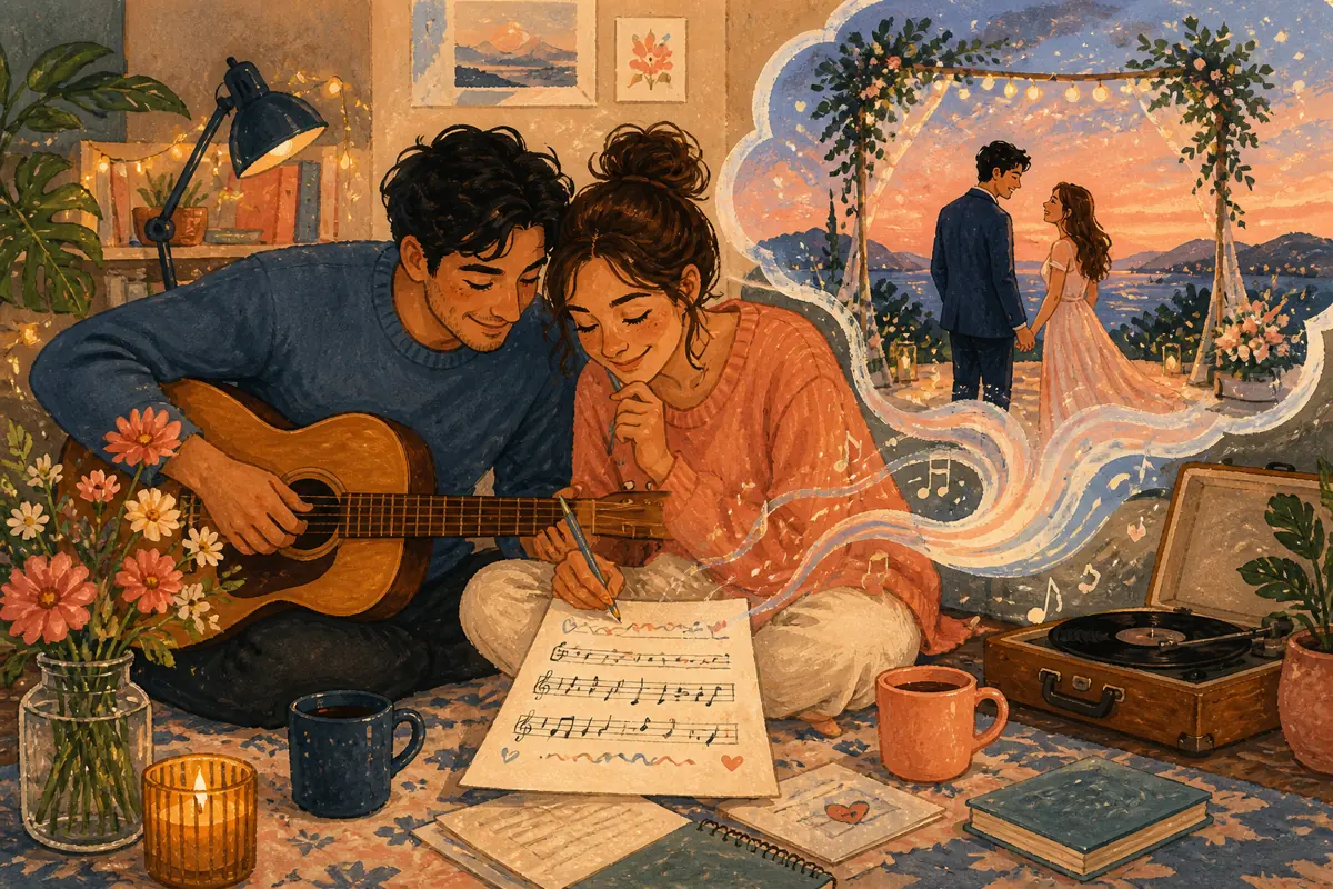 Gouache illustration of the quiet minute after the proposal, comparing calendars, a venue visit inspiring a handmade a style tied to the relationship rather than the wedding trend