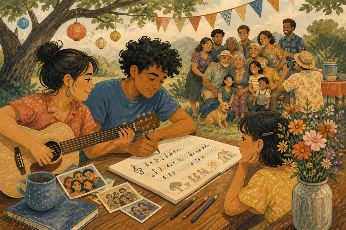 Gouache illustration of a sign-in table, a repeated recipe, the group photo setup inspiring a handmade an inclusive style familiar across generations song for the family gathering.