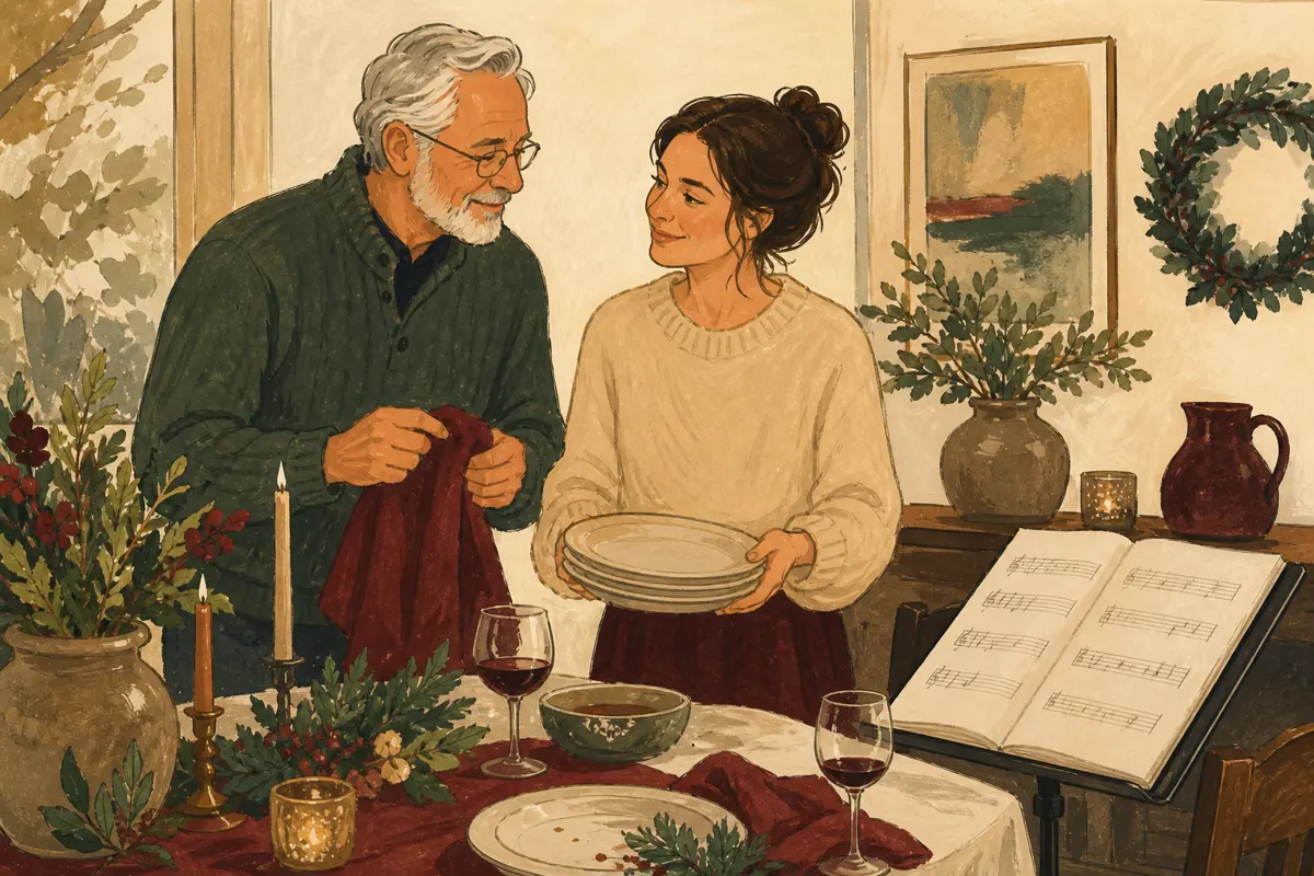 Gouache illustration of a patient welcome, a holiday preparation task, a conversation after dinner inspiring a handmade a style he already associates with good family gatherings so