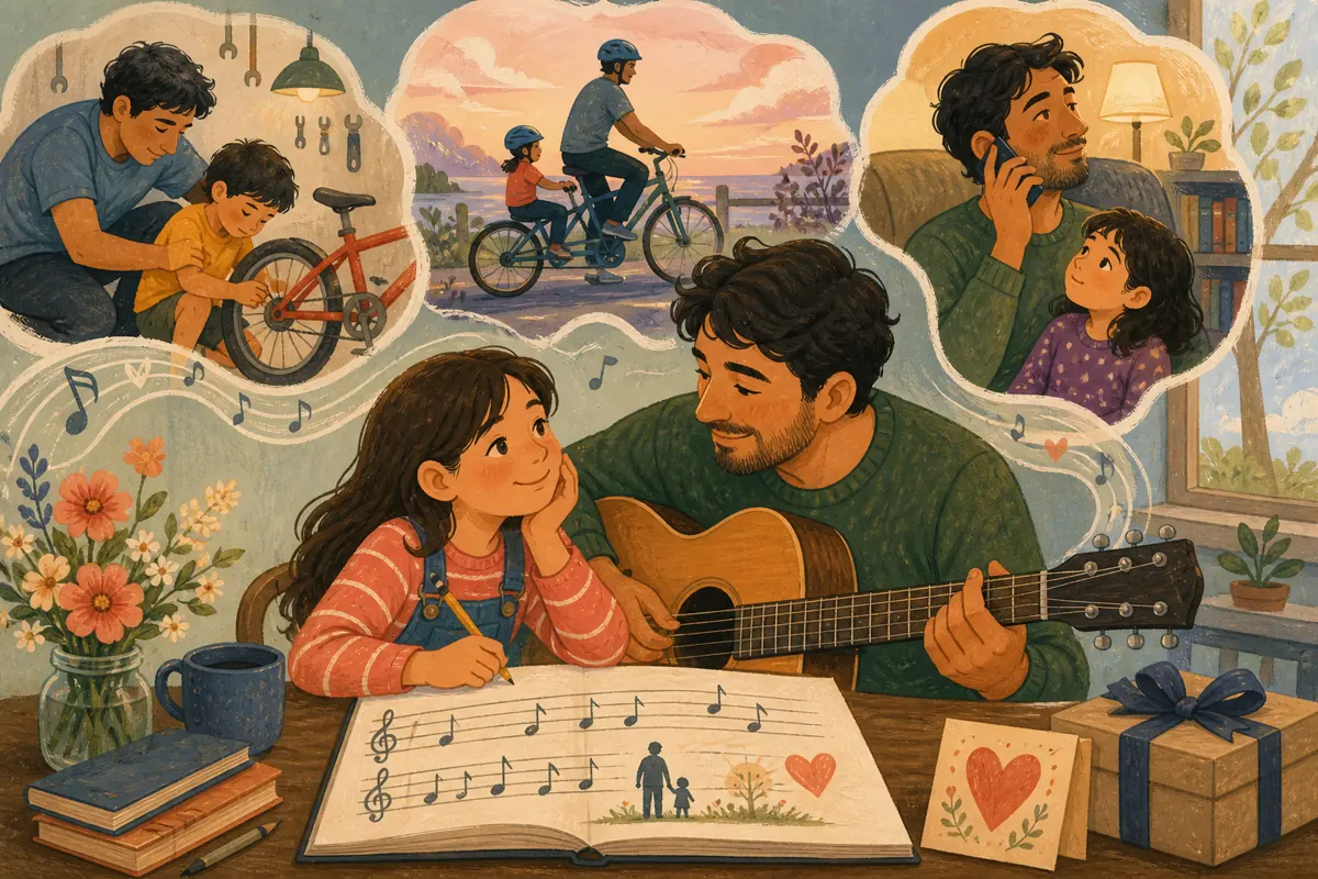 Gouache illustration of a patient repair lesson, a repeated ride, a standing phone call inspiring a handmade music he plays by choice song for the father figure you are celebrating