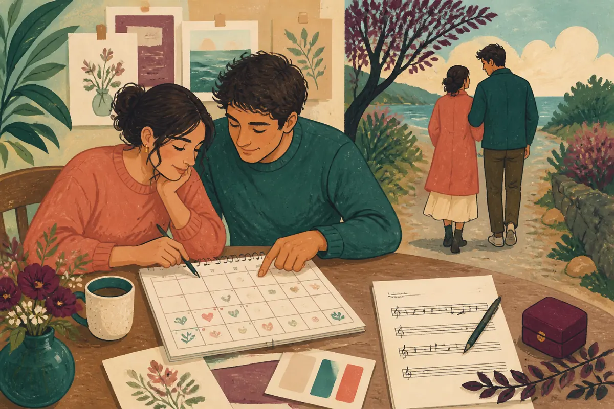 Gouache illustration of the proposal aftermath, assembling a guest list, a calm planning walk inspiring a handmade a style connected to your relationship song for your fiancé.