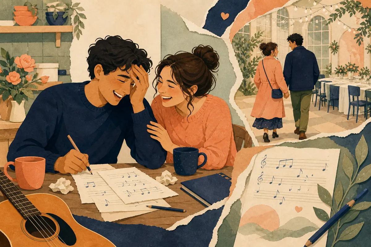 Gouache illustration of the quiet minute after the proposal, comparing calendars, a venue visit inspiring a handmade a style she associates with your relationship song for your fia