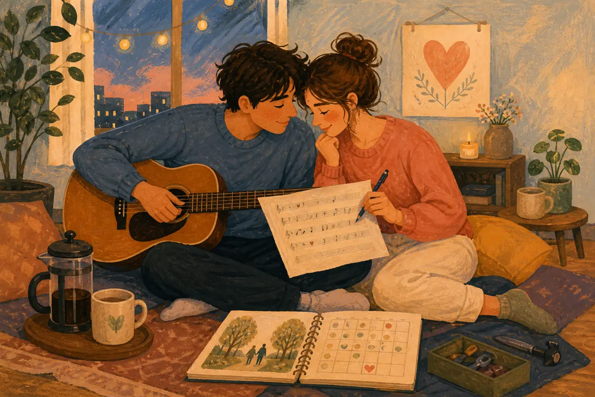 Gouache illustration of learning each other’s coffee order, combining calendars, a first shared repair inspiring a handmade the style that soundtracked your first year song for you