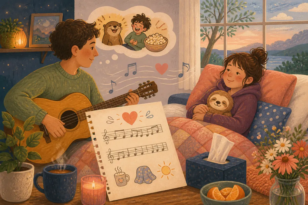 Gouache illustration of a favorite low-key show, a safe shared joke, a window view inspiring a handmade a calm style chosen around the listener’s energy song for the person who is