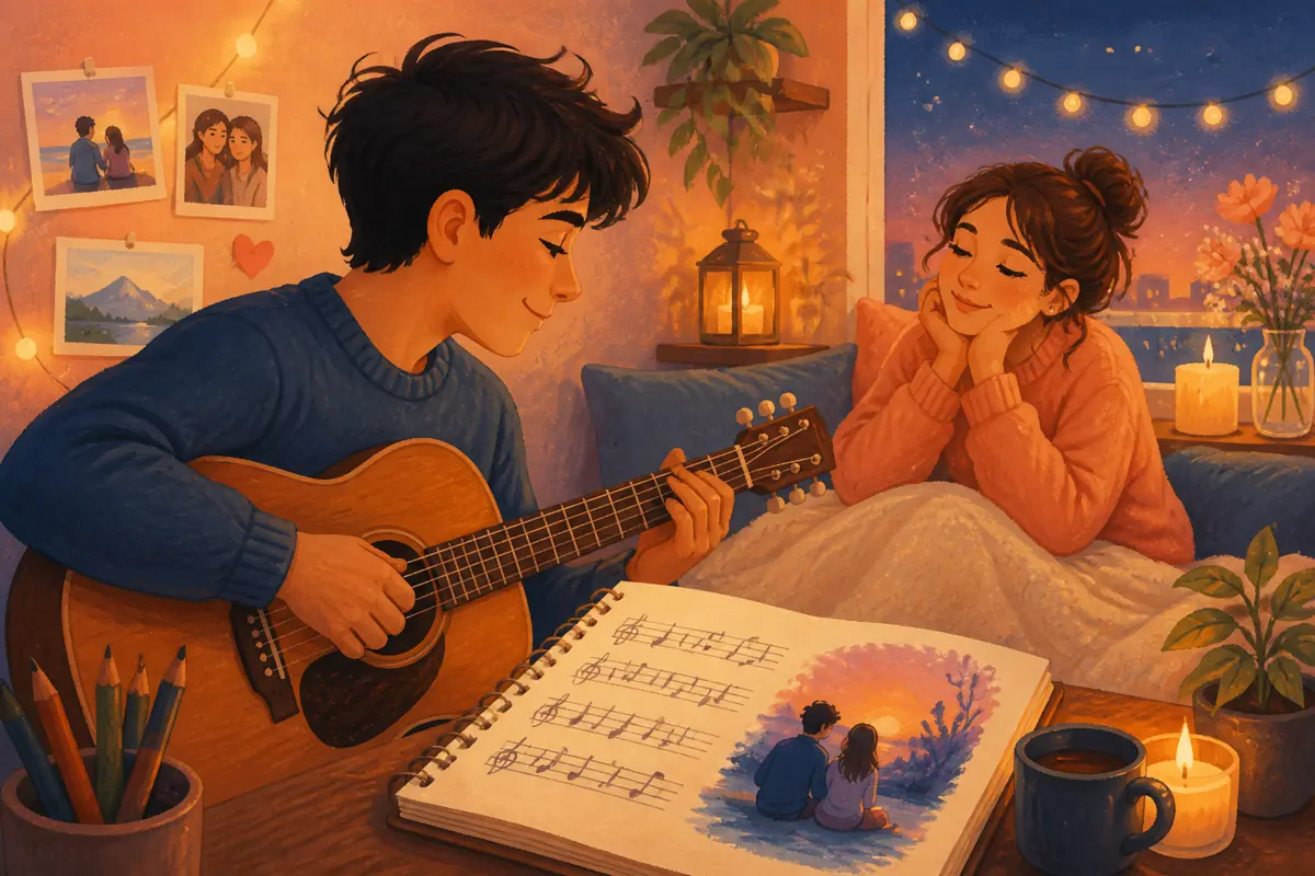 Gouache illustration of a specific shared memory being shaped into “How to Make a Custom Song for Your Girlfriend,” with musical motifs and a handmade gift.
