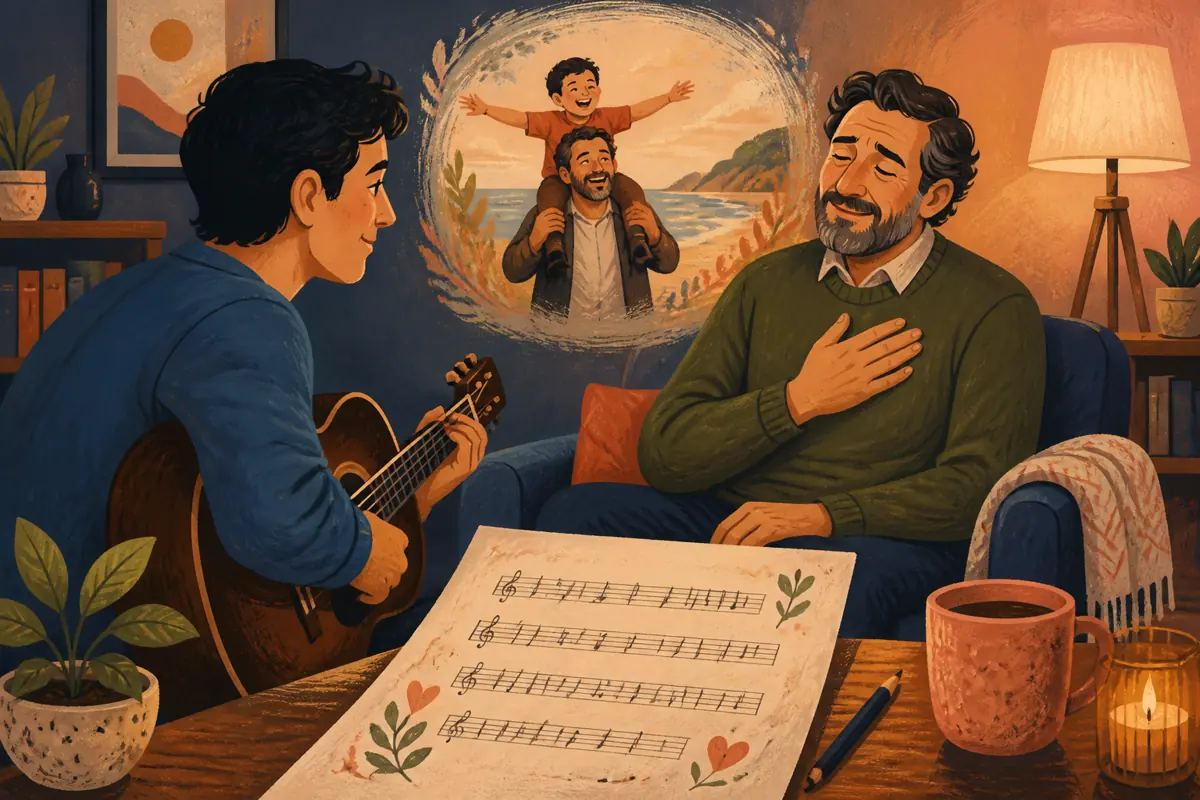 Gouache illustration of a specific shared memory being shaped into “How to Create a Custom Song for Your Godfather,” with musical motifs and a handmade gift.