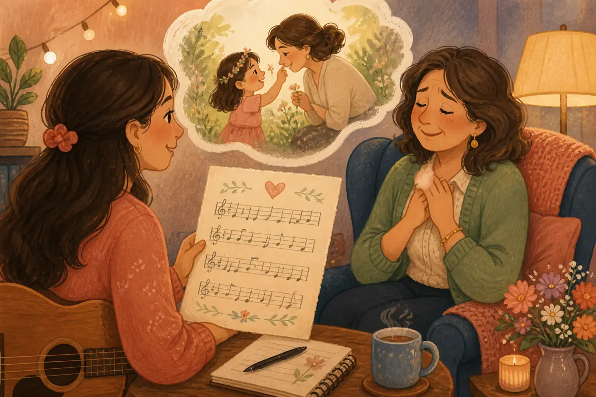 Gouache illustration of a specific shared memory being shaped into “How to Create a Custom Song for Your Godmother,” with musical motifs and a handmade gift.