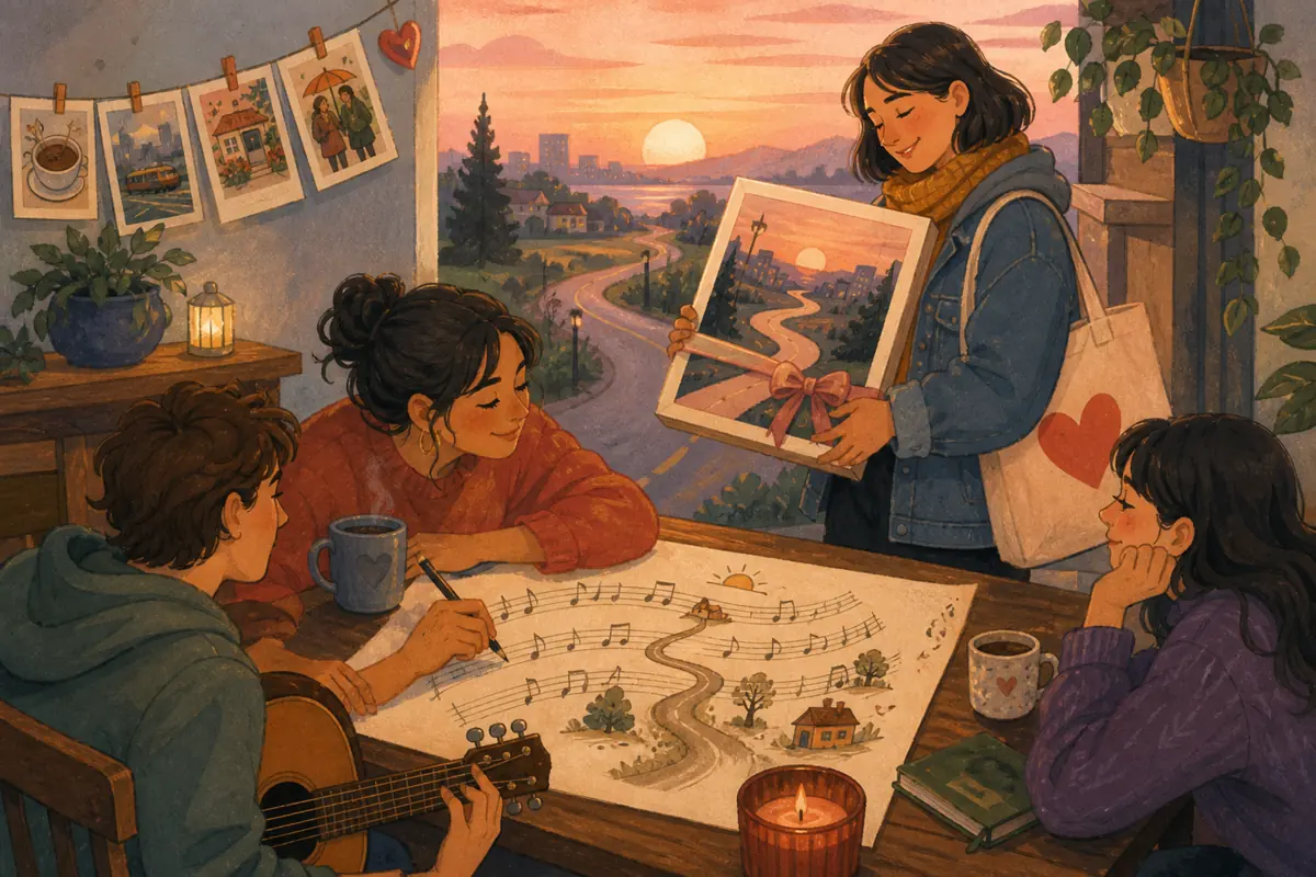 Gouache illustration of the last coffee run, a shared commute, a weekly doorstep conversation inspiring a handmade a style connected to the routines being remembered song for the p