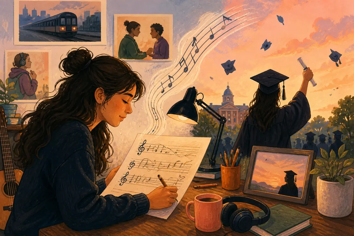 Gouache illustration of a late study table, a repeated commute, a mentor’s safe public phrase inspiring a handmade a style that matches the graduate’s current taste song for the gr