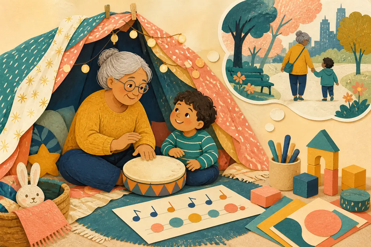 Gouache illustration of a favorite game, a visit to the same park, a bedtime question inspiring a handmade a style suited to the child’s age and listening habits song for your gran