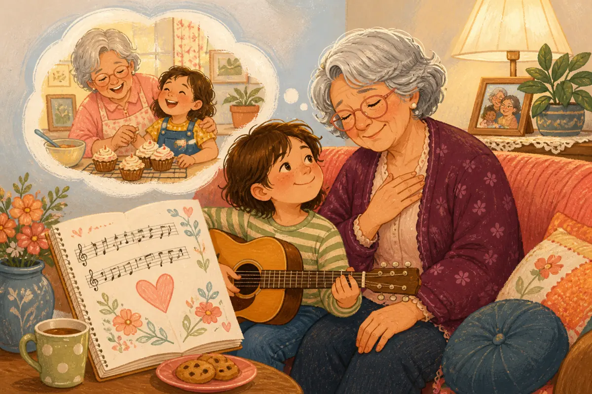 Gouache illustration of a specific shared memory being shaped into “How to Make a Custom Song for Grandma,” with musical motifs and a handmade gift.