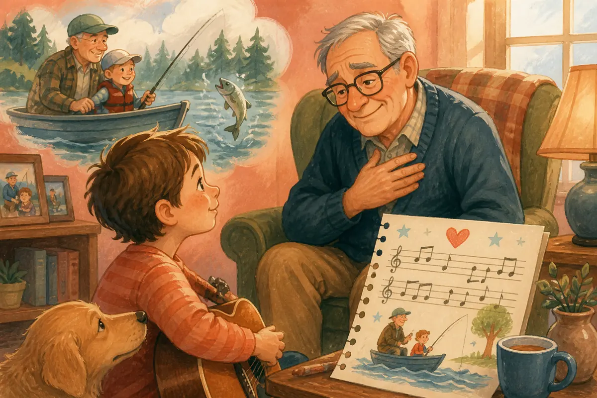 Gouache illustration of a specific shared memory being shaped into “How to Make a Custom Song for Grandpa,” with musical motifs and a handmade gift.