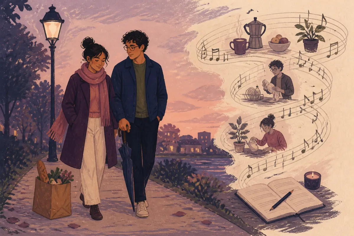 Gouache illustration of the way they answer a hard call, prepare a shared space inspiring a handmade a style connected to your shared listening song for your partner or loved one.