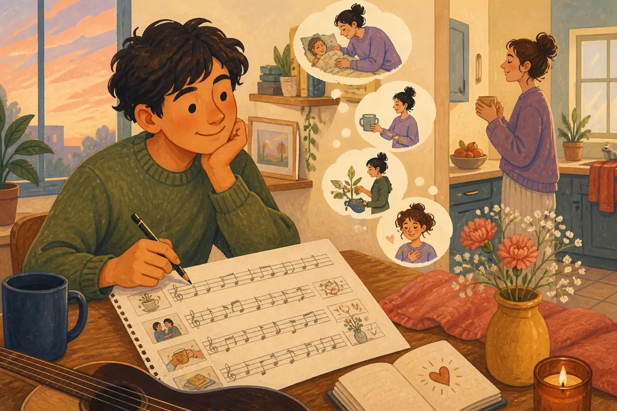 Gouache illustration of a recent check-in, a small favor, a repeated routine inspiring a handmade a style connected to your shared listening song for someone important to you.