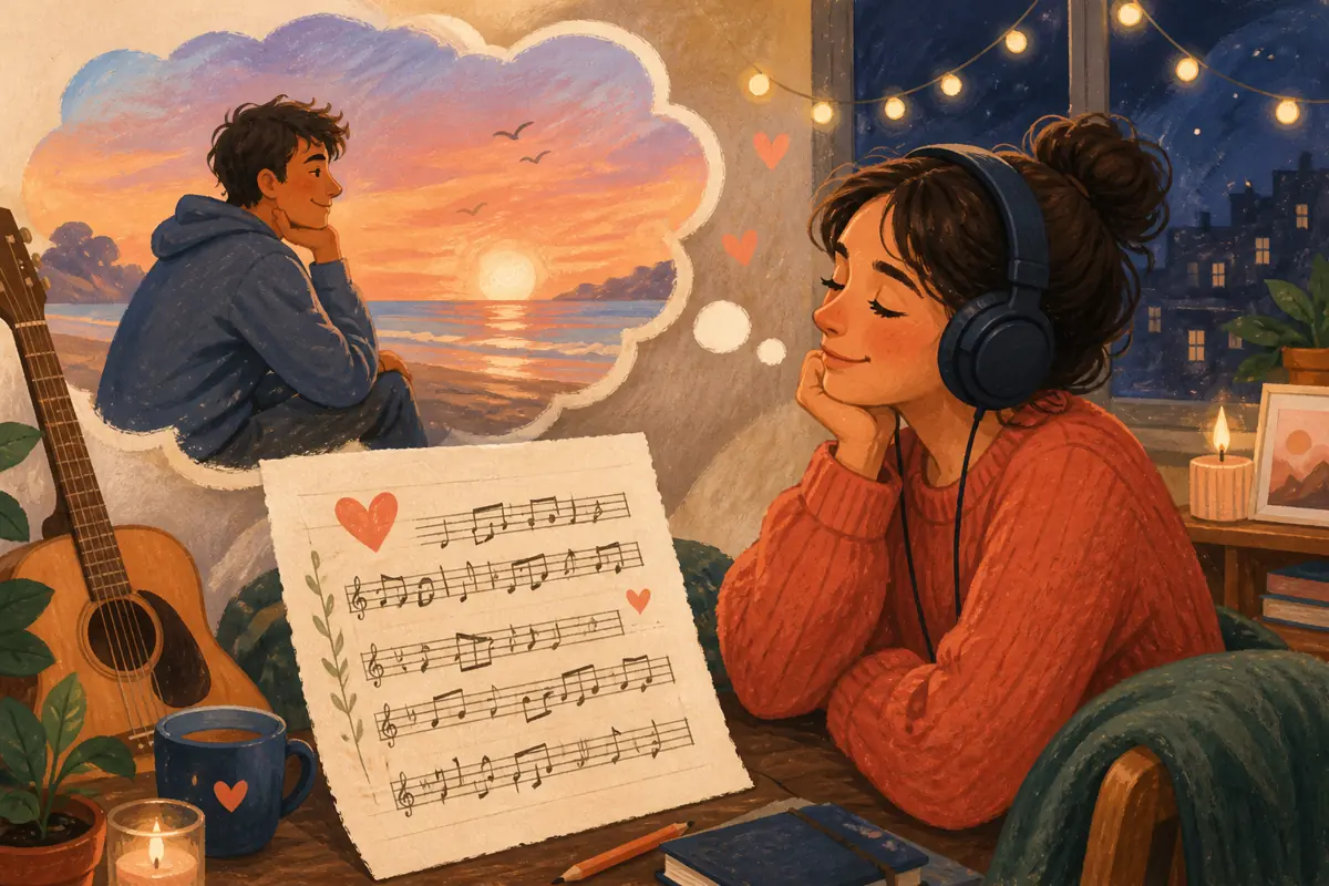 Gouache illustration of a specific shared memory being shaped into “A Custom Song for a Long-Distance Partner,” with musical motifs and a handmade gift.