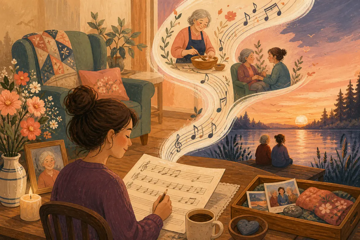 Gouache illustration of the chair they always chose, a recipe step, a voicemail phrase inspiring a handmade a restrained style chosen with the closest family song for the person be