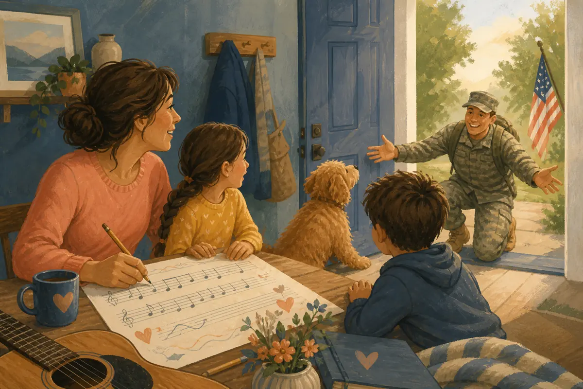 Gouache illustration of a family pet at the door, a familiar breakfast, a quiet porch inspiring a handmade a style chosen from the service member’s own taste song for the returning