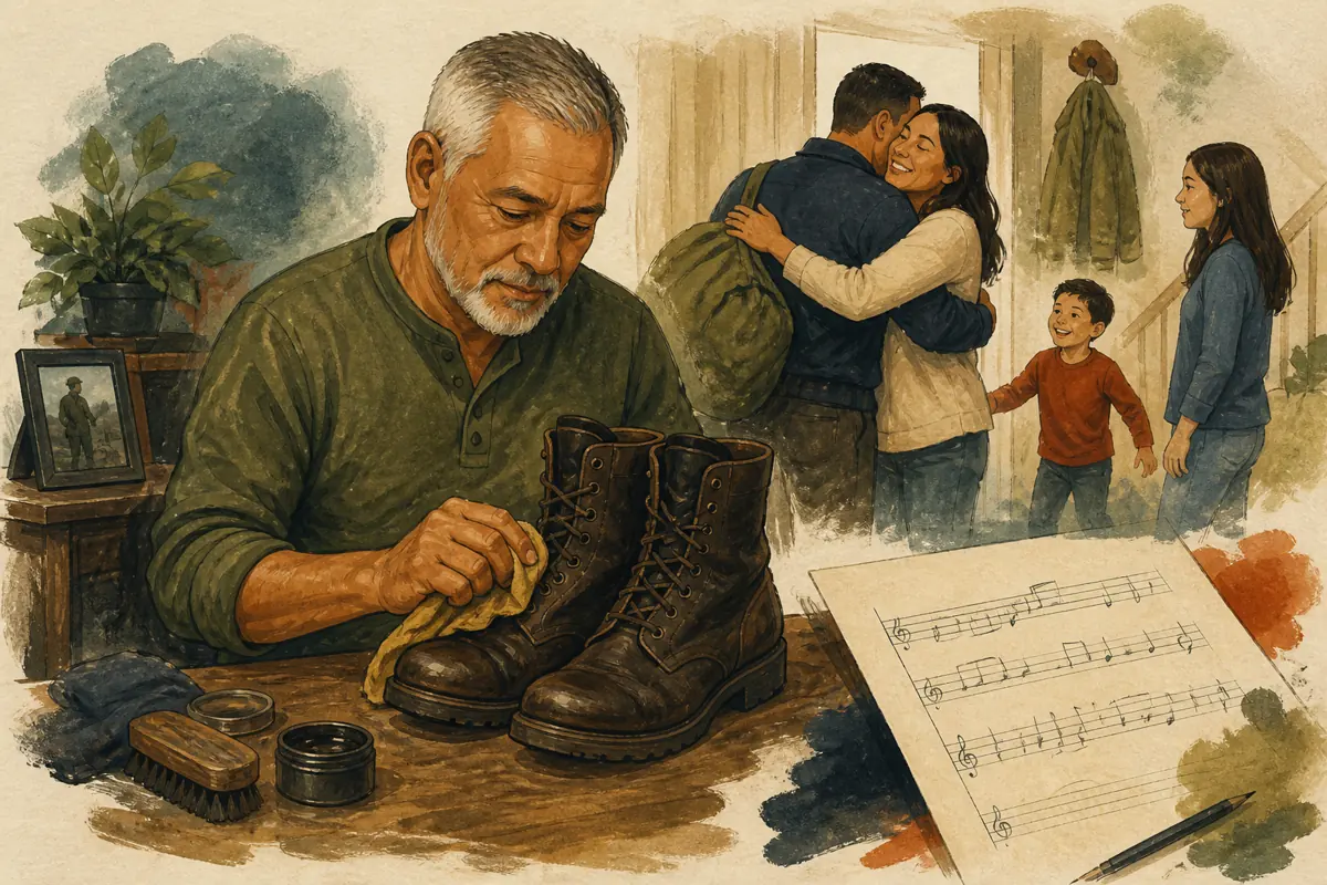 Gouache illustration of a homecoming routine, a unit-approved anecdote, polishing old boots for an event inspiring a handmade a style chosen from the veteran’s own listening prefer