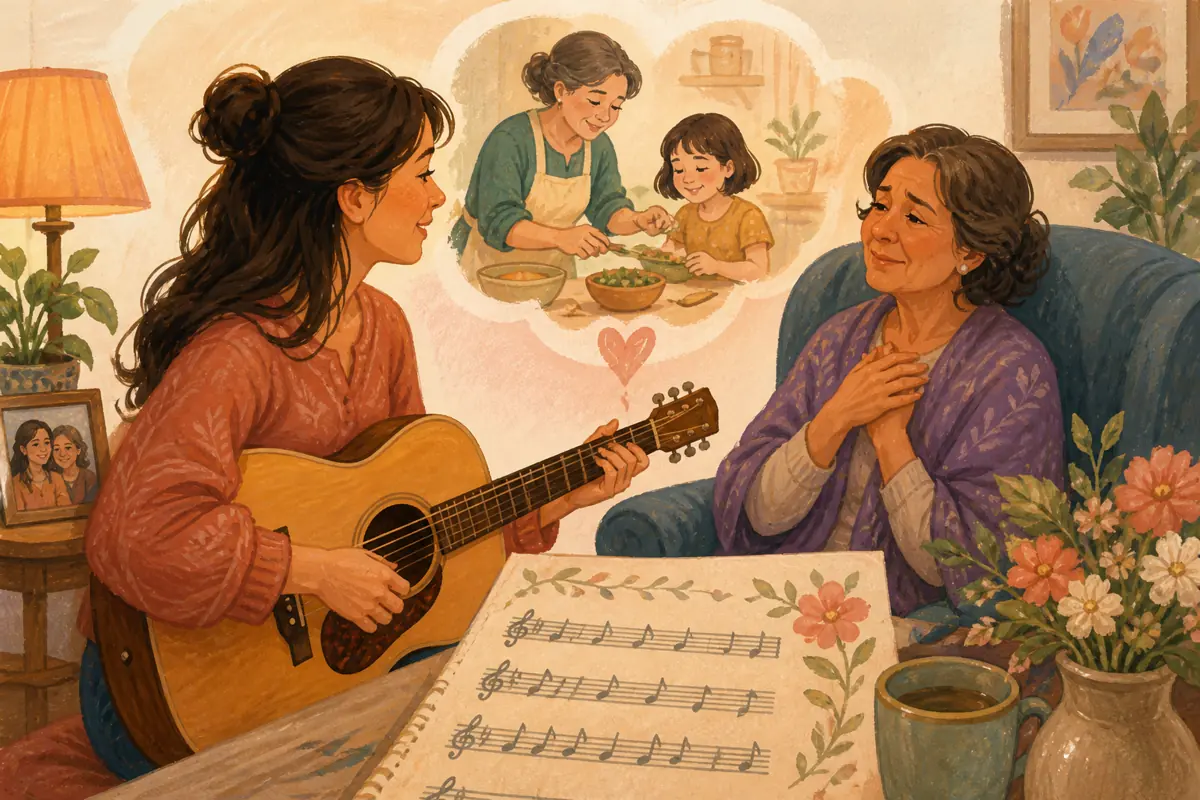 Gouache illustration of a specific shared memory being shaped into “A Respectful Custom Song for Your Mother-in-Law,” with musical motifs and a handmade gift.