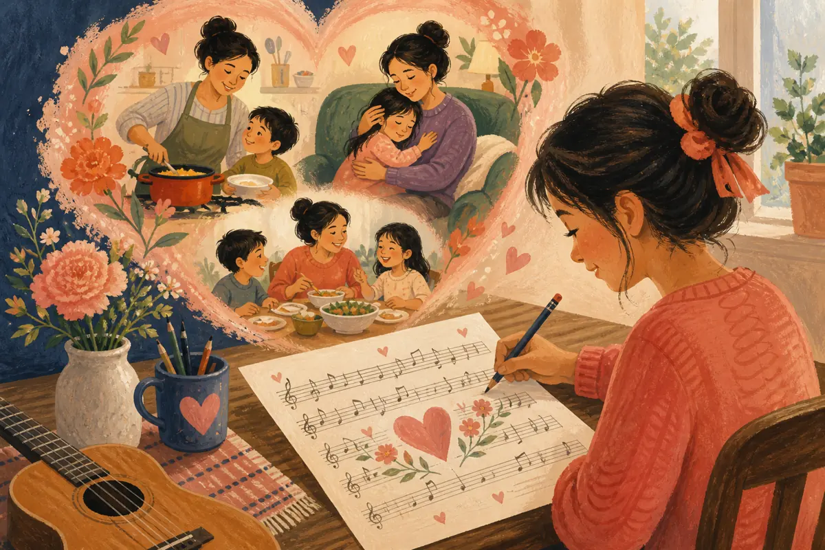 Gouache illustration of a weekly call, a family meal, a caregiving routine inspiring a handmade a style she already enjoys song for the mother you are celebrating.