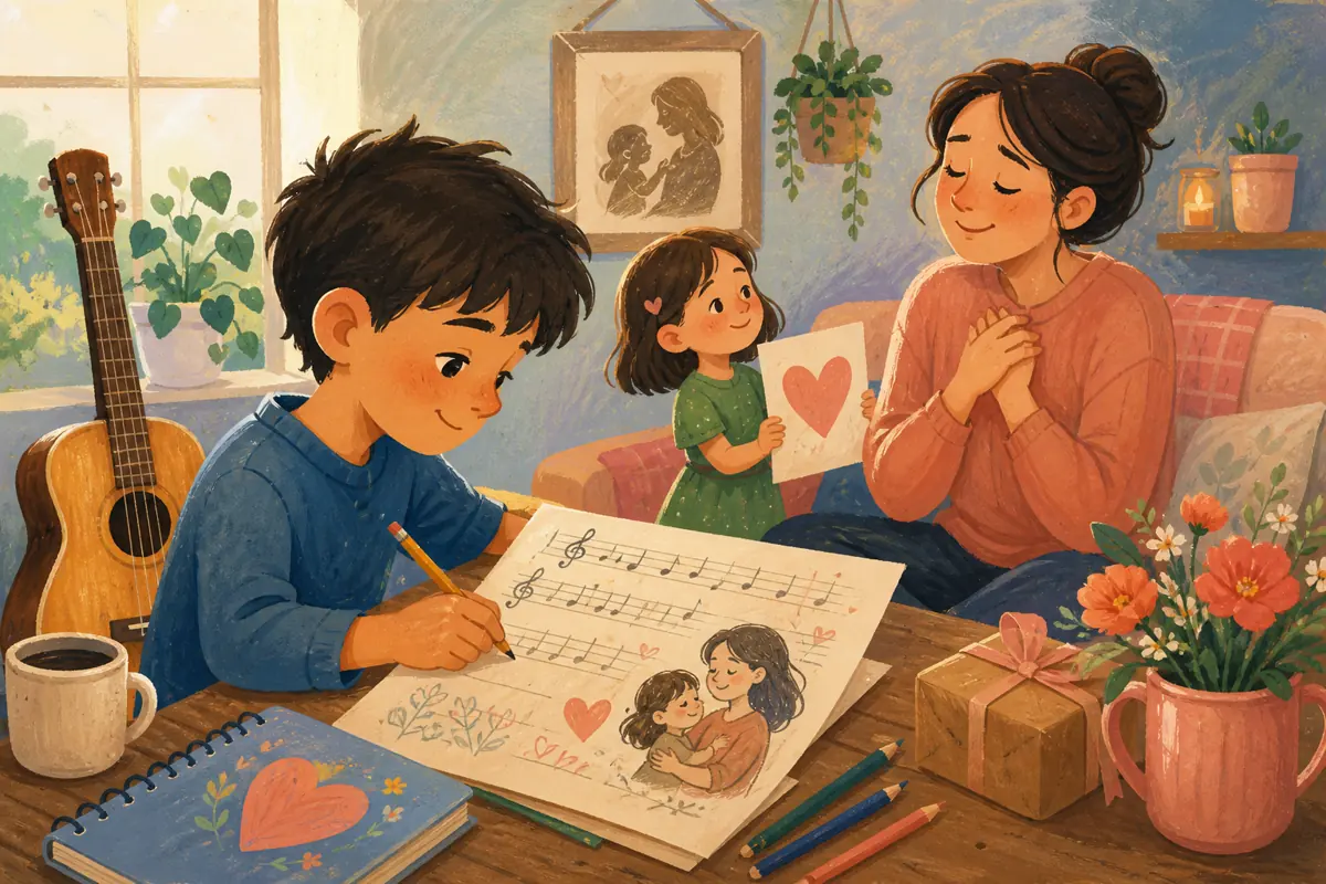 Gouache illustration of a weekly call, a packed lunch, a quiet family repair inspiring a handmade a style she already chooses for herself song for the mother you are celebrating.