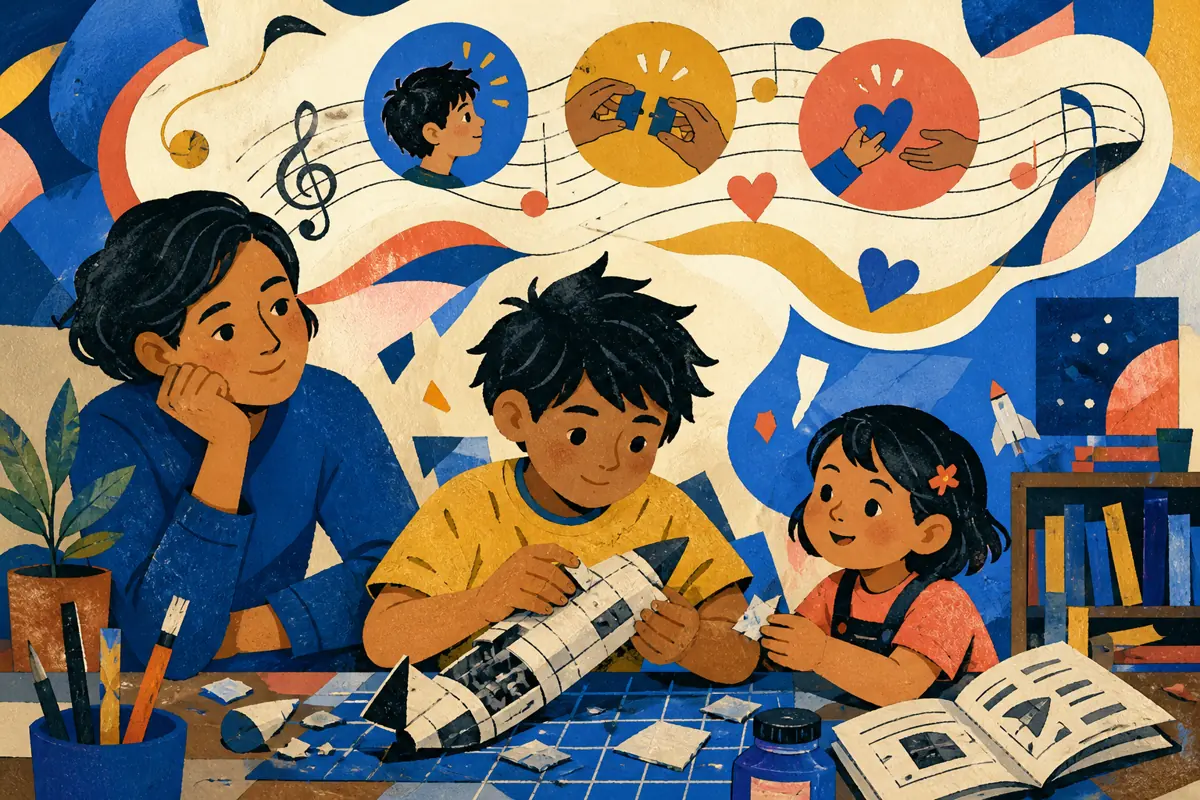 Gouache illustration of building the same model twice, explaining a favorite game, helping a younger cousin inspiring a handmade a style appropriate to his age and taste song for y