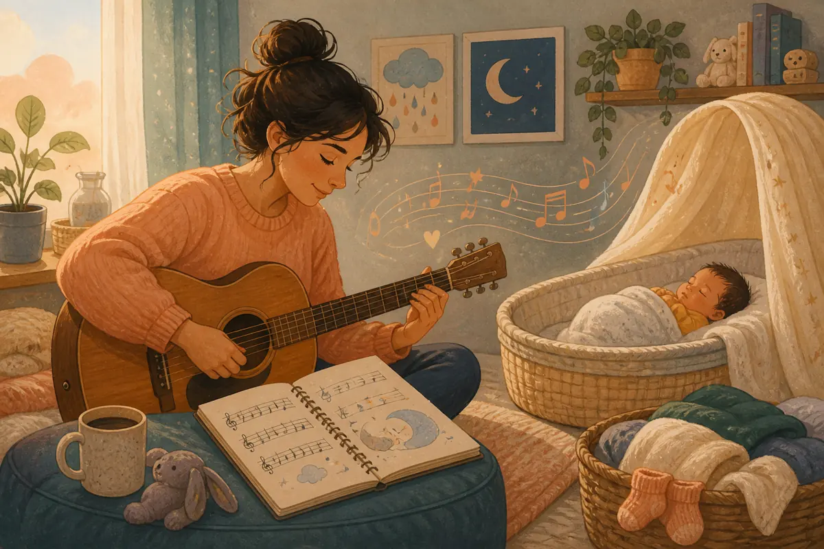 Gouache illustration of the rhythm of a rocking chair, tiny socks beside the laundry, a quiet first morning inspiring a handmade a gentle style with clear, simple words song for th