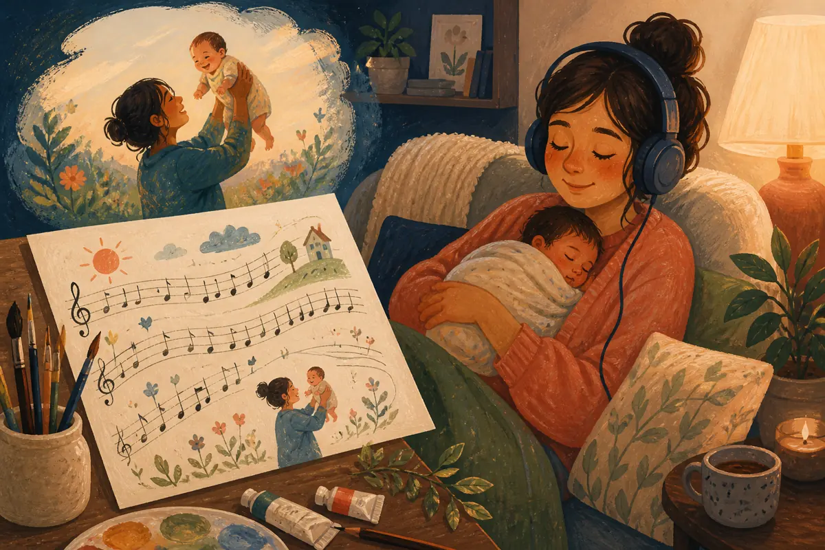 Gouache illustration of a specific shared memory being shaped into “A Custom Song for a New Parent: What to Include,” with musical motifs and a handmade gift.