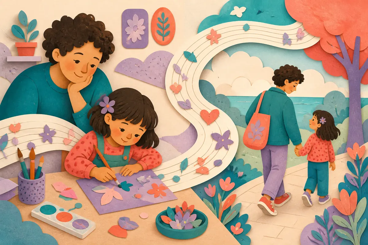 Gouache illustration of a craft table, a school performance, a shared walk inspiring a handmade a style appropriate to her age and taste song for your niece.