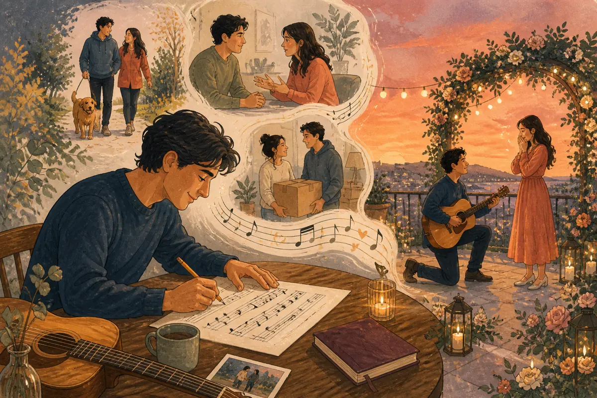 Gouache illustration of a repeated Sunday walk, the first honest difficult conversation, a shared move inspiring a handmade a style the listener already associates with your relati