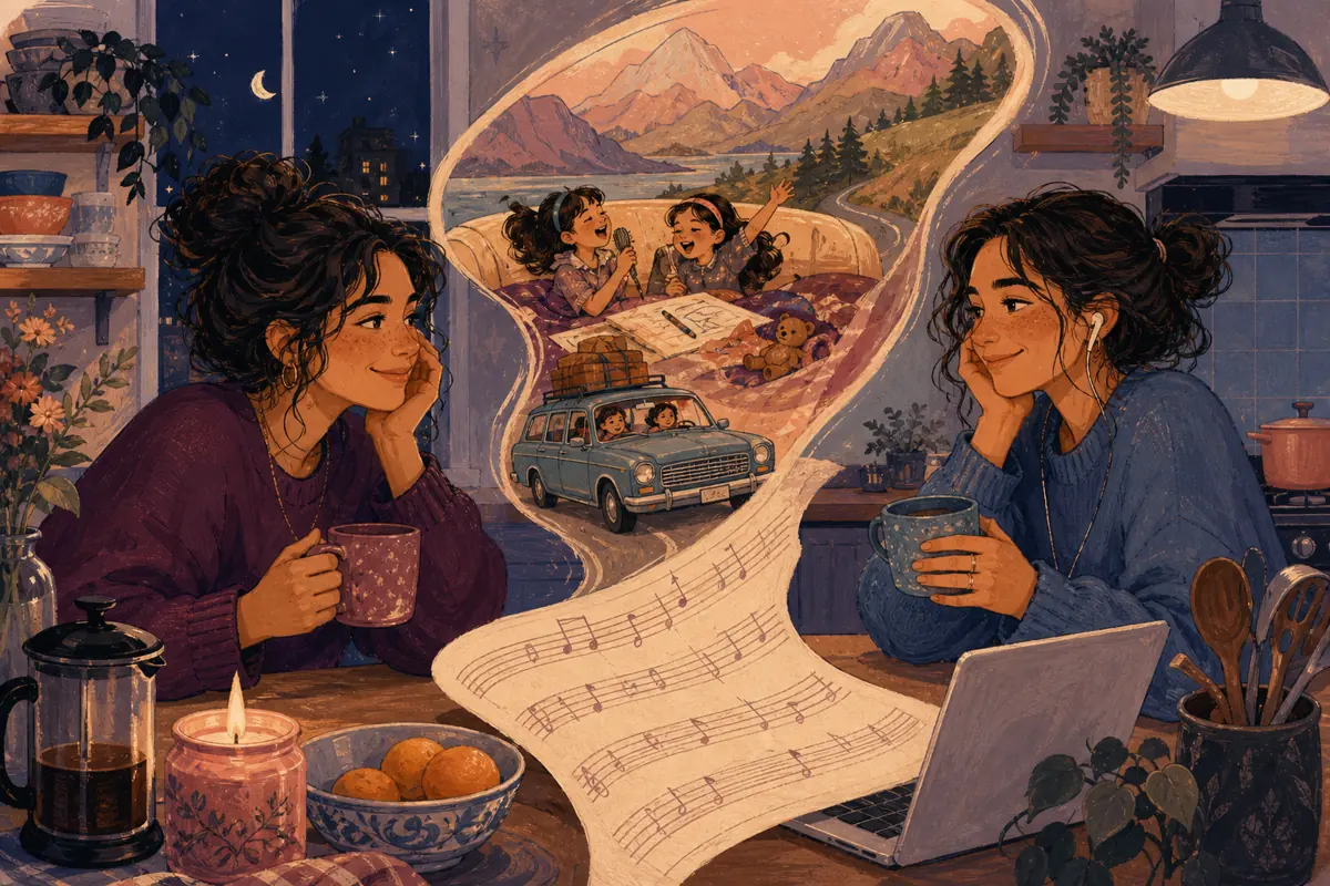 Gouache illustration of borrowing clothes, a repeated phone call, a long car ride inspiring a handmade a style tied to your shared listening song for your sister.