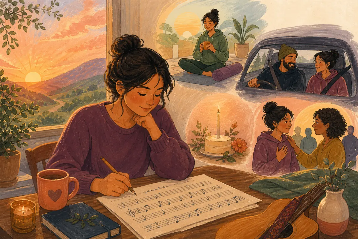 Gouache illustration of a new morning routine, a dependable meeting ride, a boundary kept inspiring a handmade a style the recipient identifies as safe and supportive song for the