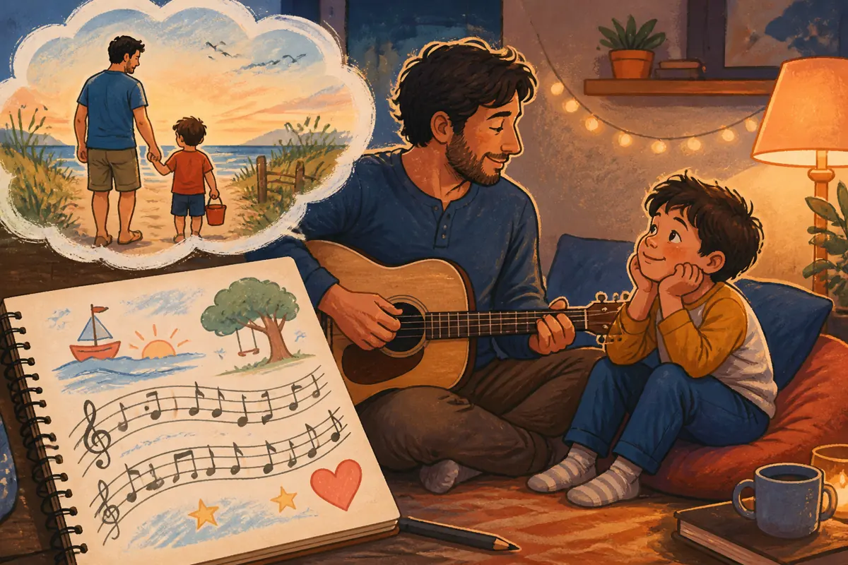 Gouache illustration of a specific shared memory being shaped into “How to Make a Personal Custom Song for Your Son,” with musical motifs and a handmade gift.